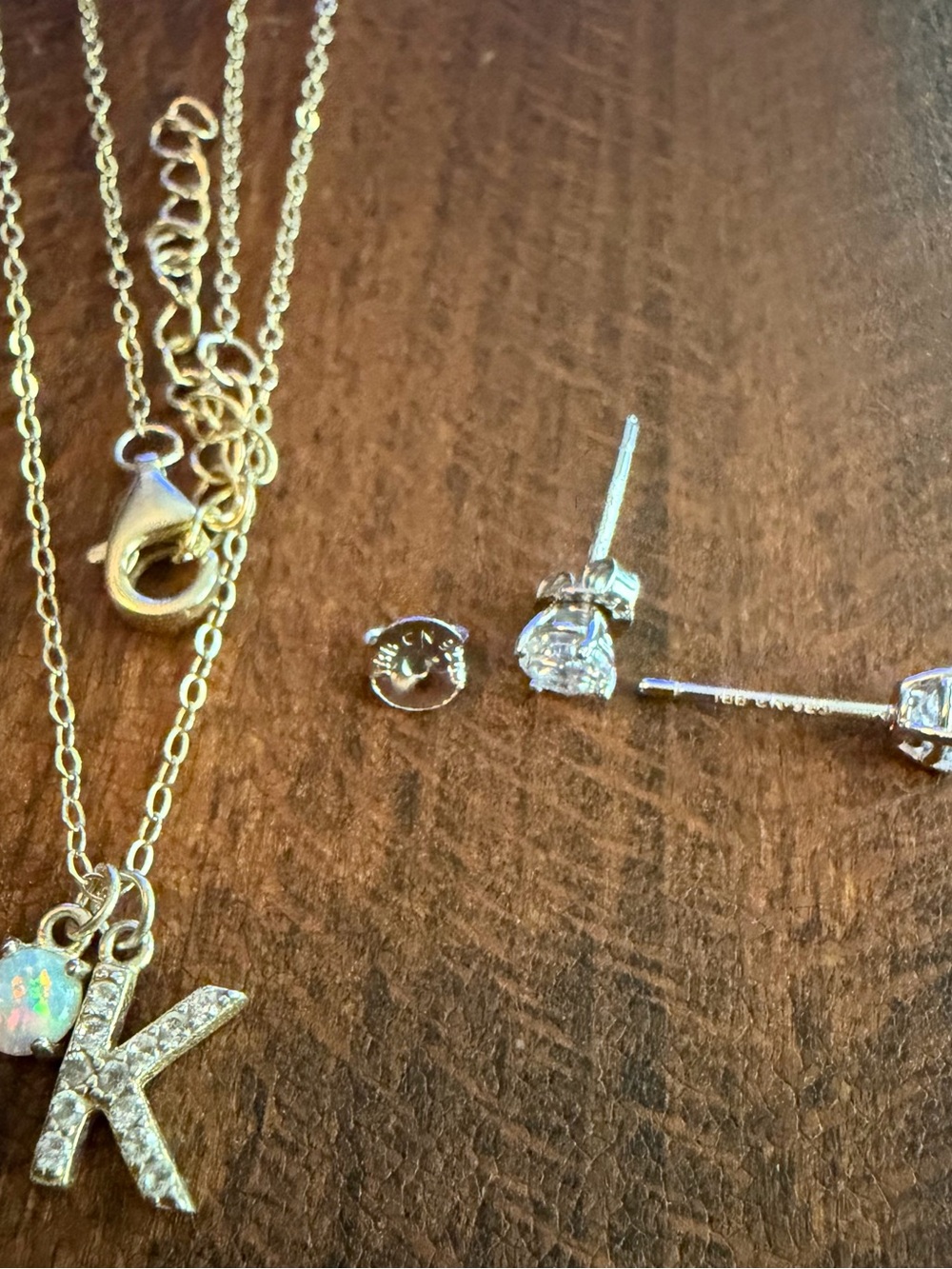 K Initial Pendant Necklace W/ Opal & Crystal Accents - Gold Tone 925 & earrings